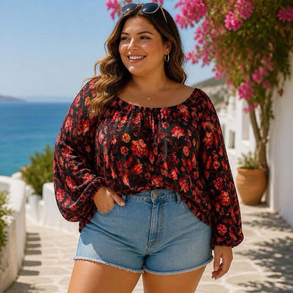 Women 3X BlackRed Floral Blouse BalloonSleeve Boho Cottage Casual Coastal Summer